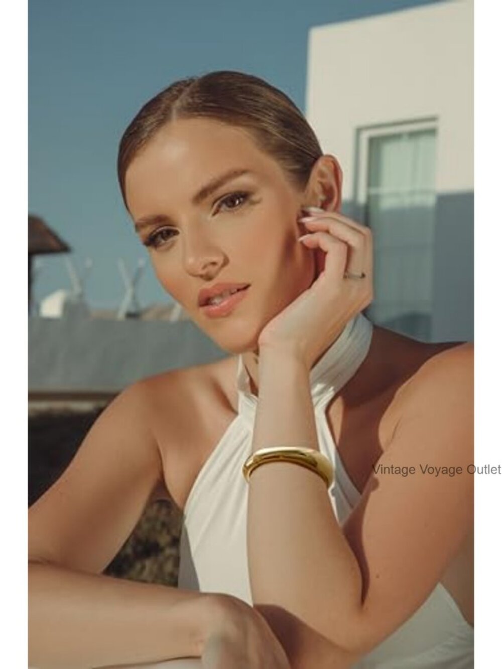 Gold Plated Cuff Bangle Bracelet Hinged Open Wide Chunky Minimalist Jewelry - Picture 2 of 6